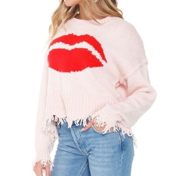 Wildfox NWT First Kiss Luna Knit Pink Red Lips Distressed Hem Cuffs Sweater M - Picture 2 of 14